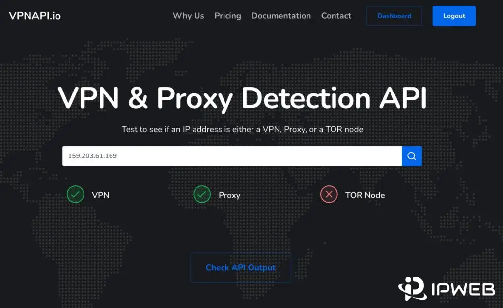 VPNAPI.io detection interface showing VPN, proxy, and Tor results for an IP address