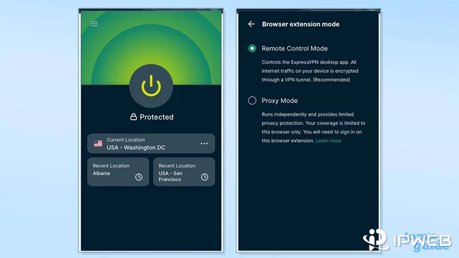 ExpressVPN browser extension showing Remote Control Mode and Proxy Mode