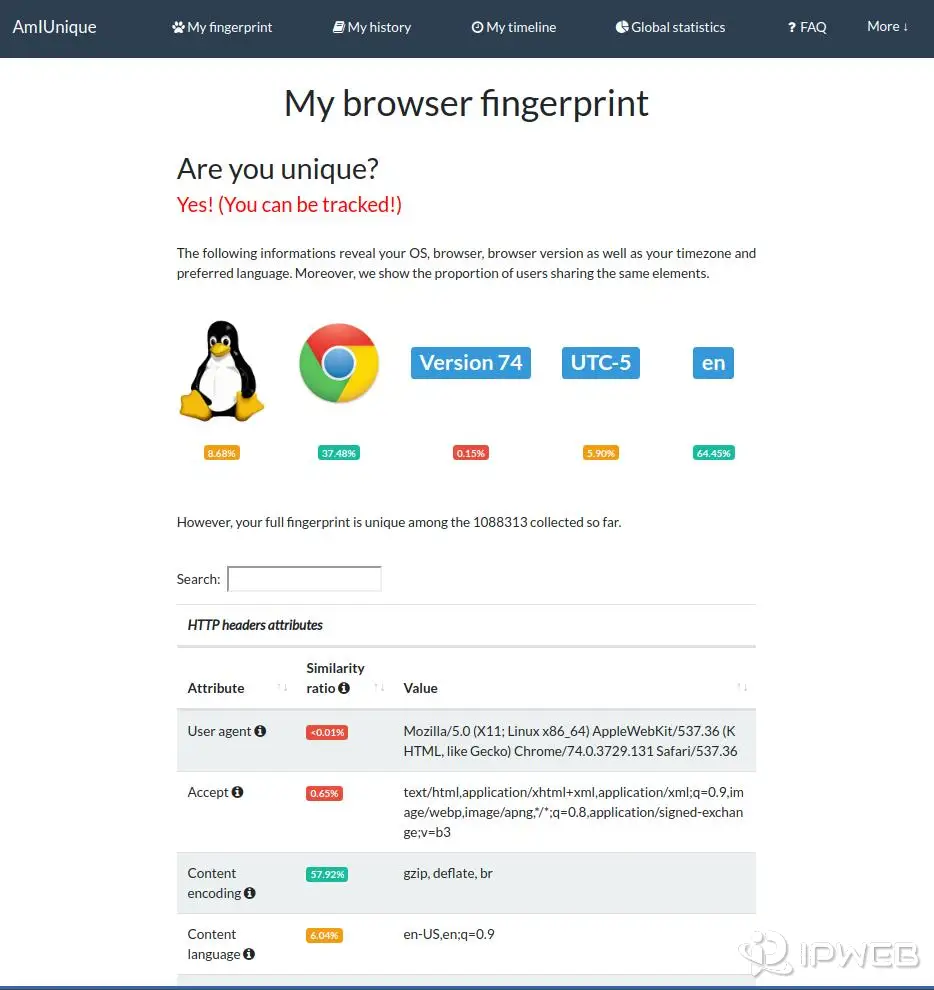 AmIUnique browser fingerprint results showing operating system, browser, language, timezone, user agent, and HTTP header attributes