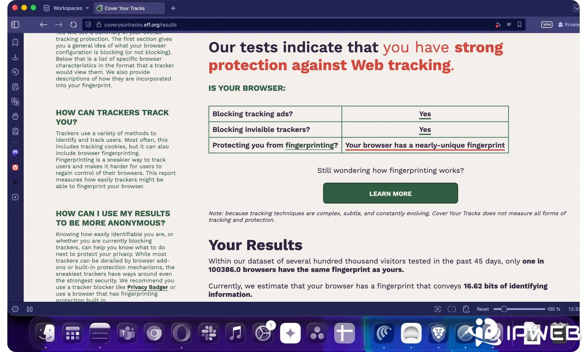 EFF Cover Your Tracks results showing browser fingerprint uniqueness even when tracking protections are enabled