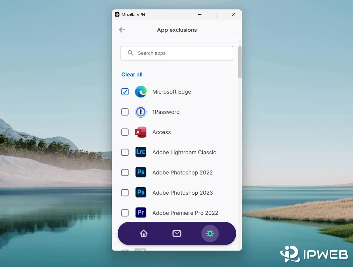 Mozilla VPN App exclusions screen showing selected applications that can be excluded from the VPN tunnel