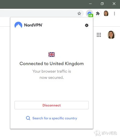 NordVPN browser extension showing browser traffic secured while connected to the United Kingdom