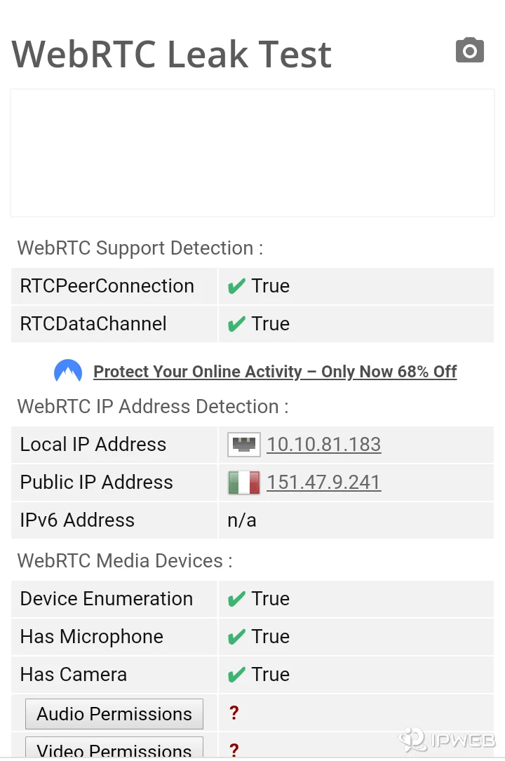 BrowserLeaks WebRTC test showing WebRTC support and local and public IP address detection