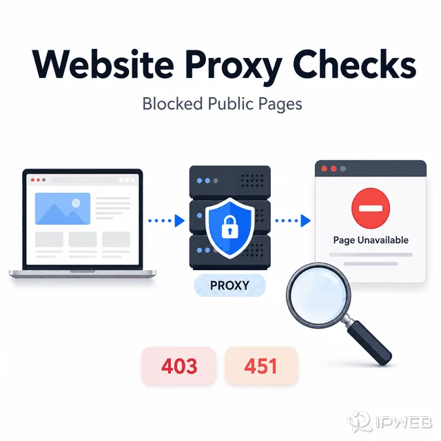 Website proxy checks for blocked public pages showing proxy routing, page unavailable errors, and 403 and 451 responses