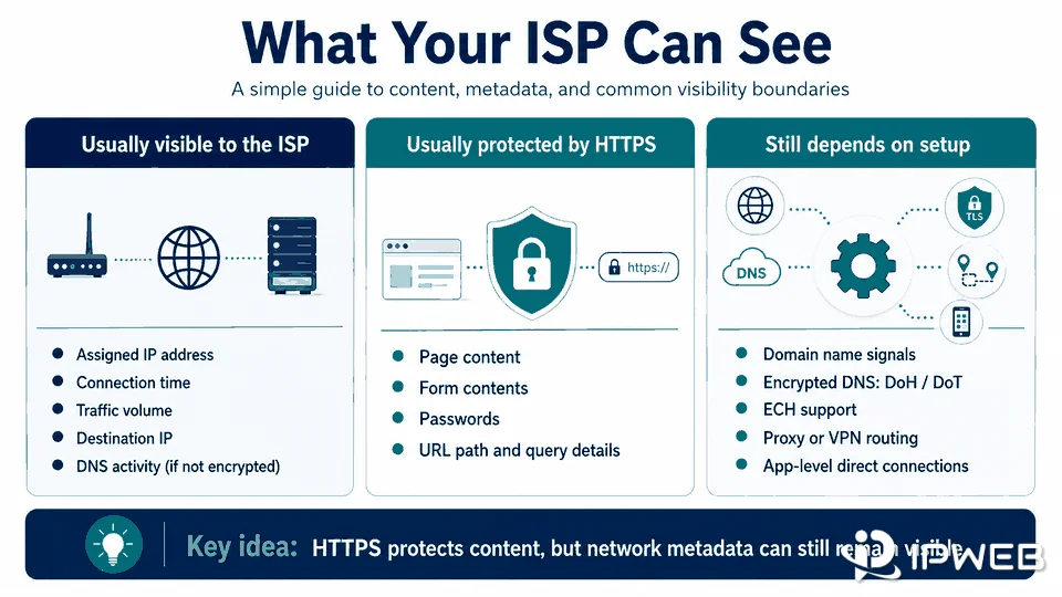 What an ISP can usually see, what HTTPS protects, and which network signals depend on DNS, ECH, proxy, or VPN configuration