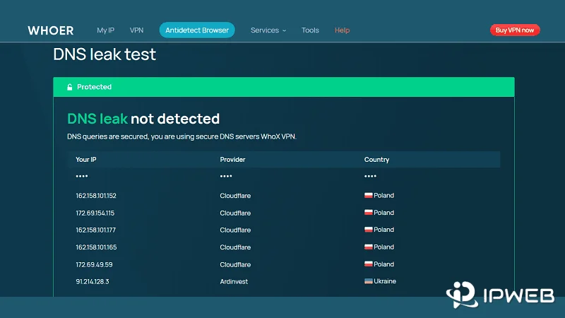 Whoer DNS leak test showing DNS servers providers and locations