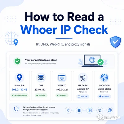 Whoer IP check showing IP DNS WebRTC ISP and location signals