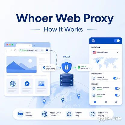 Whoer Web Proxy cover image showing browser routing IP switching and WebRTC protection
