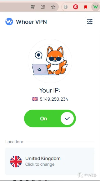 Whoer extension showing connected IP address and proxy server location