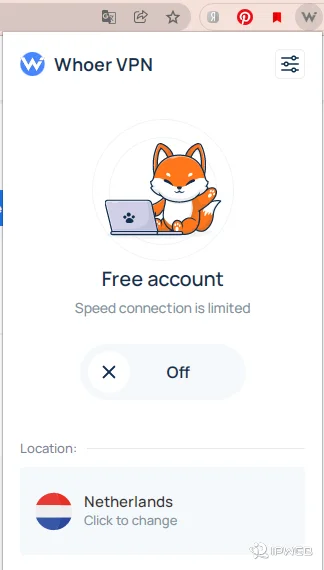 Whoer browser extension showing a free account before connecting