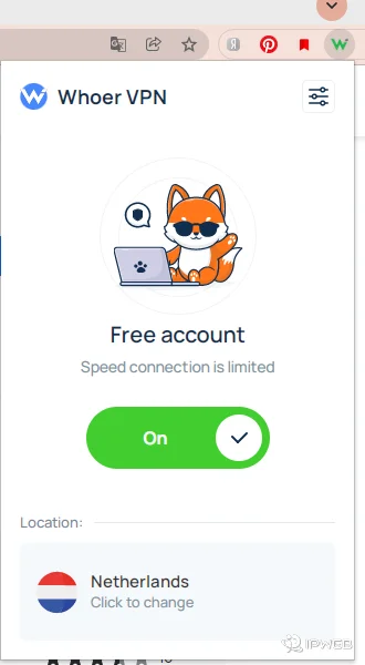 Whoer browser extension connected with the web proxy route enabled