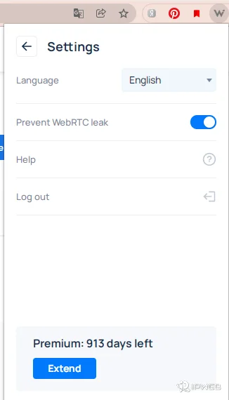 Whoer extension settings showing the Prevent WebRTC leak option