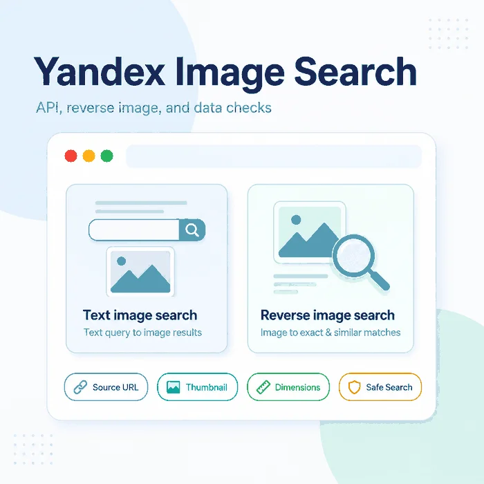 Yandex Image Search cover showing text image search, reverse image search, source URL, thumbnail, dimensions, and Safe Search