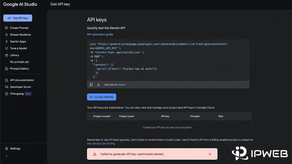 Google AI Studio showing Failed to generate API key permission denied