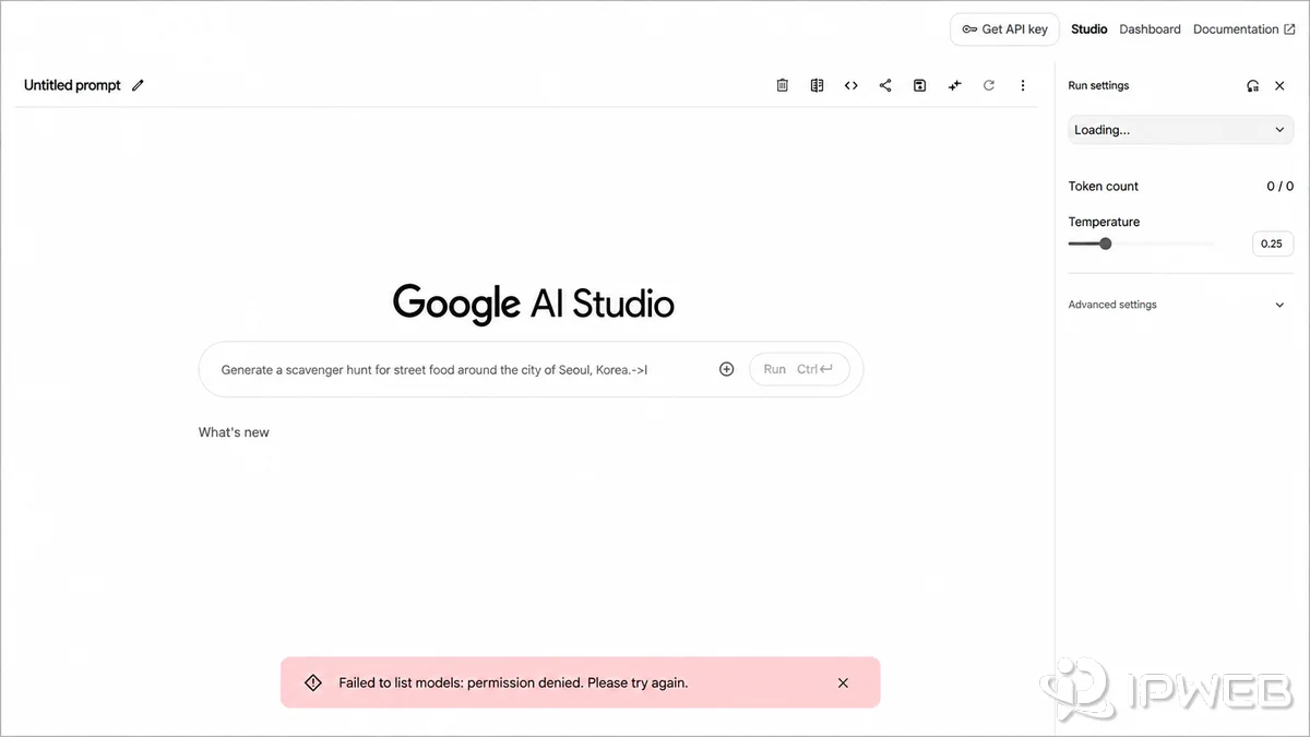 Google AI Studio showing Failed to list models permission denied