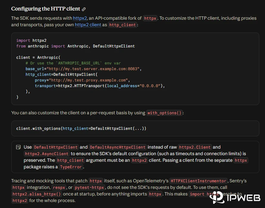 Anthropic Python SDK documentation showing DefaultHttpxClient proxy configuration with httpx2