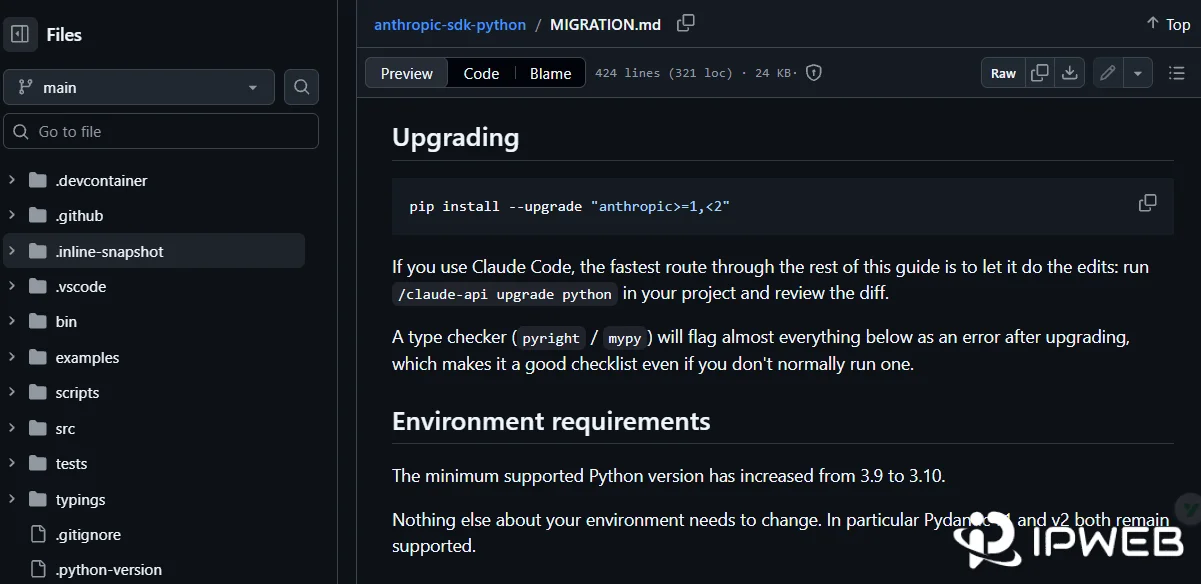 Anthropic Python SDK migration guide showing the Python 3.10 minimum requirement