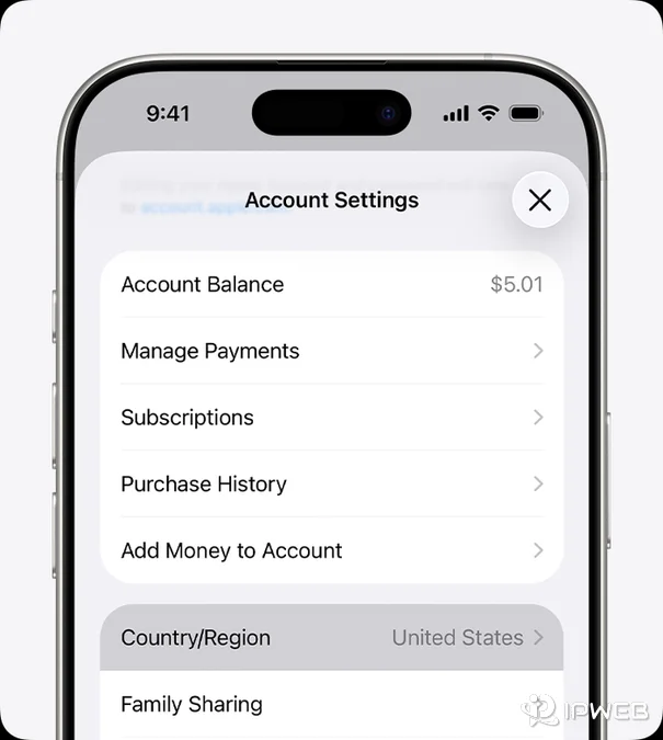 Apple Account settings showing the Country or Region option