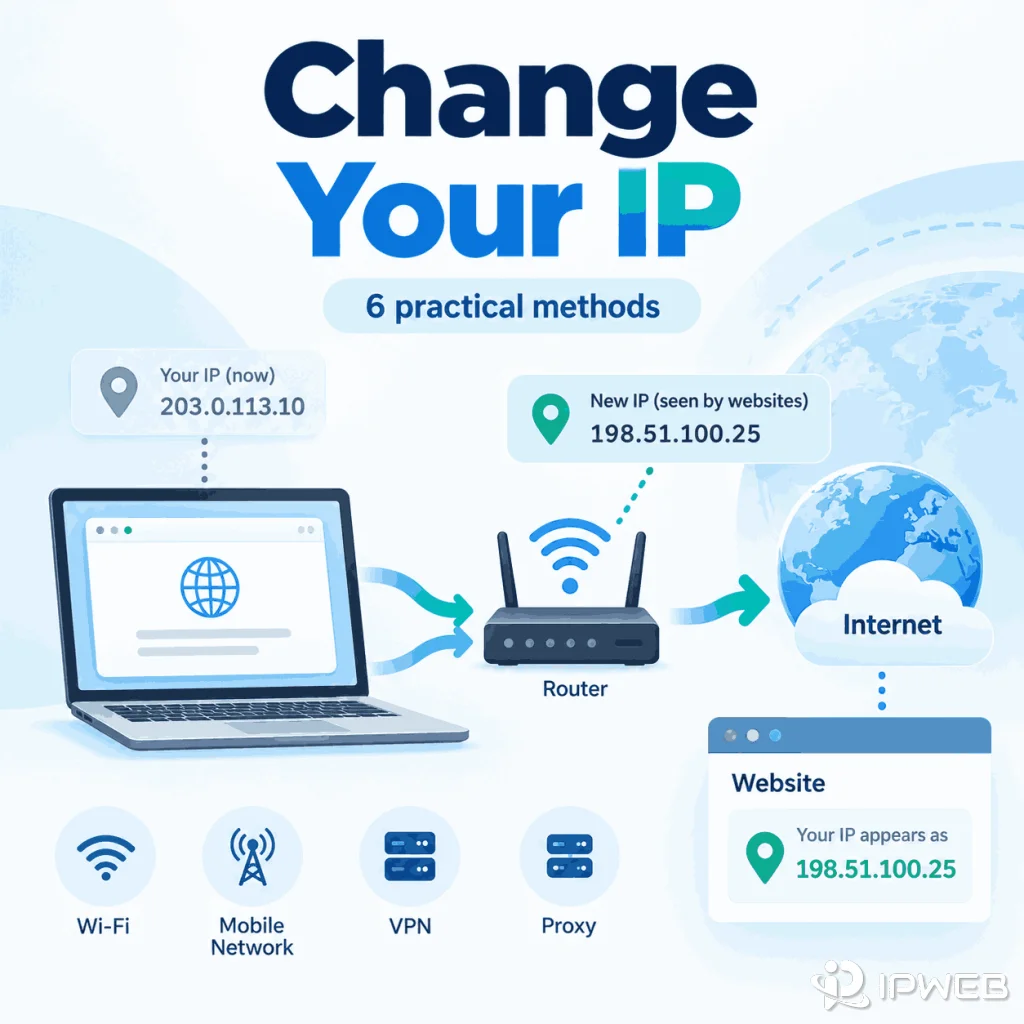 Illustration showing six practical ways to change the IP address seen by websites.