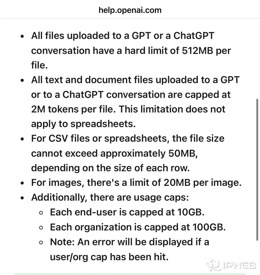 OpenAI Help Center showing ChatGPT file upload size token and usage limits
