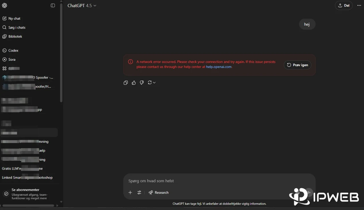 ChatGPT showing A network error occurred message during a conversation