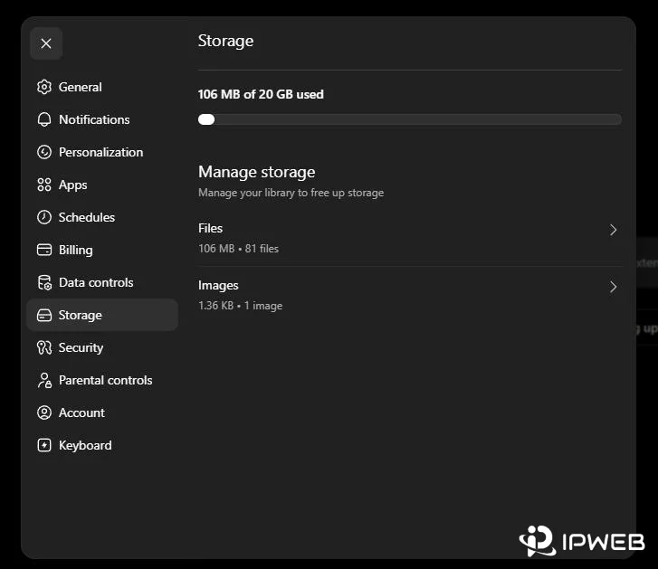 ChatGPT Storage settings showing used file storage and library management