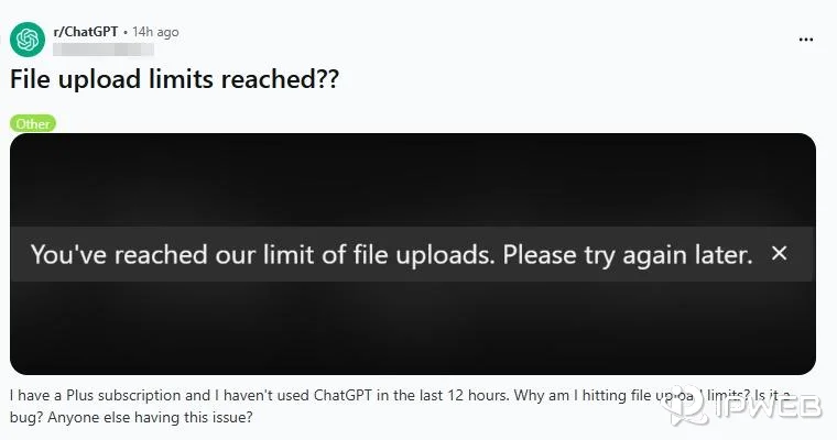 ChatGPT showing You’ve reached our limit of file uploads message