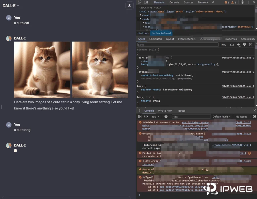 Chrome DevTools showing a ChatGPT WebSocket connection failure