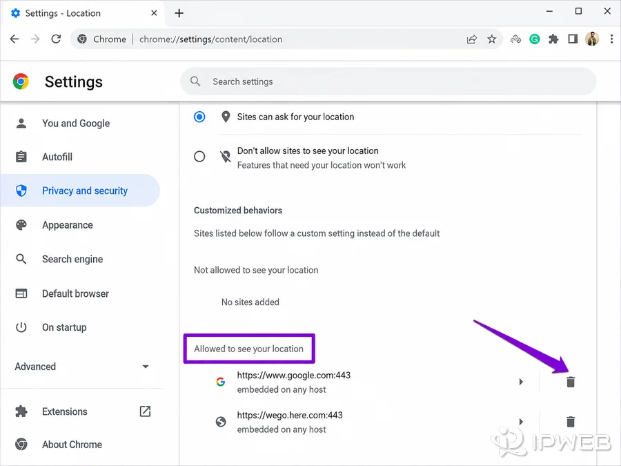 Chrome location settings showing site-level permission controls for allowing websites to access location