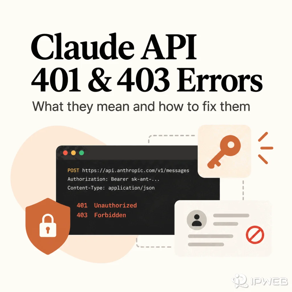 Claude API 401 and 403 errors troubleshooting cover with API request panel, key icon, account card, and security shield