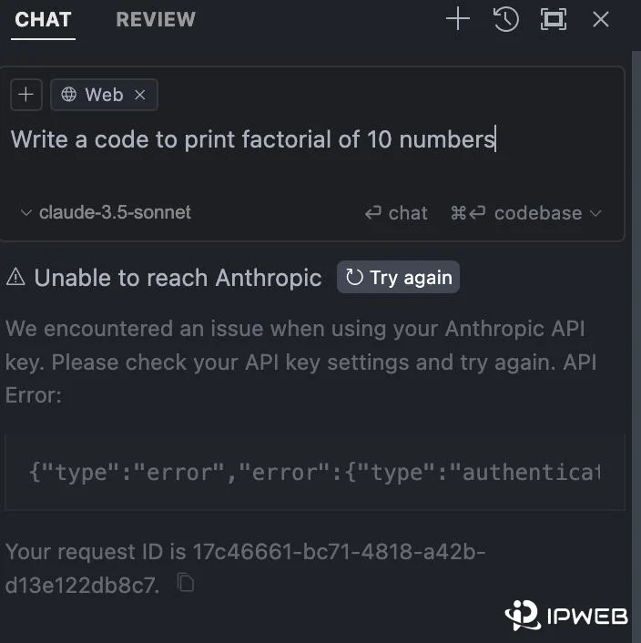 Third-party client showing an Anthropic API authentication error and request ID
