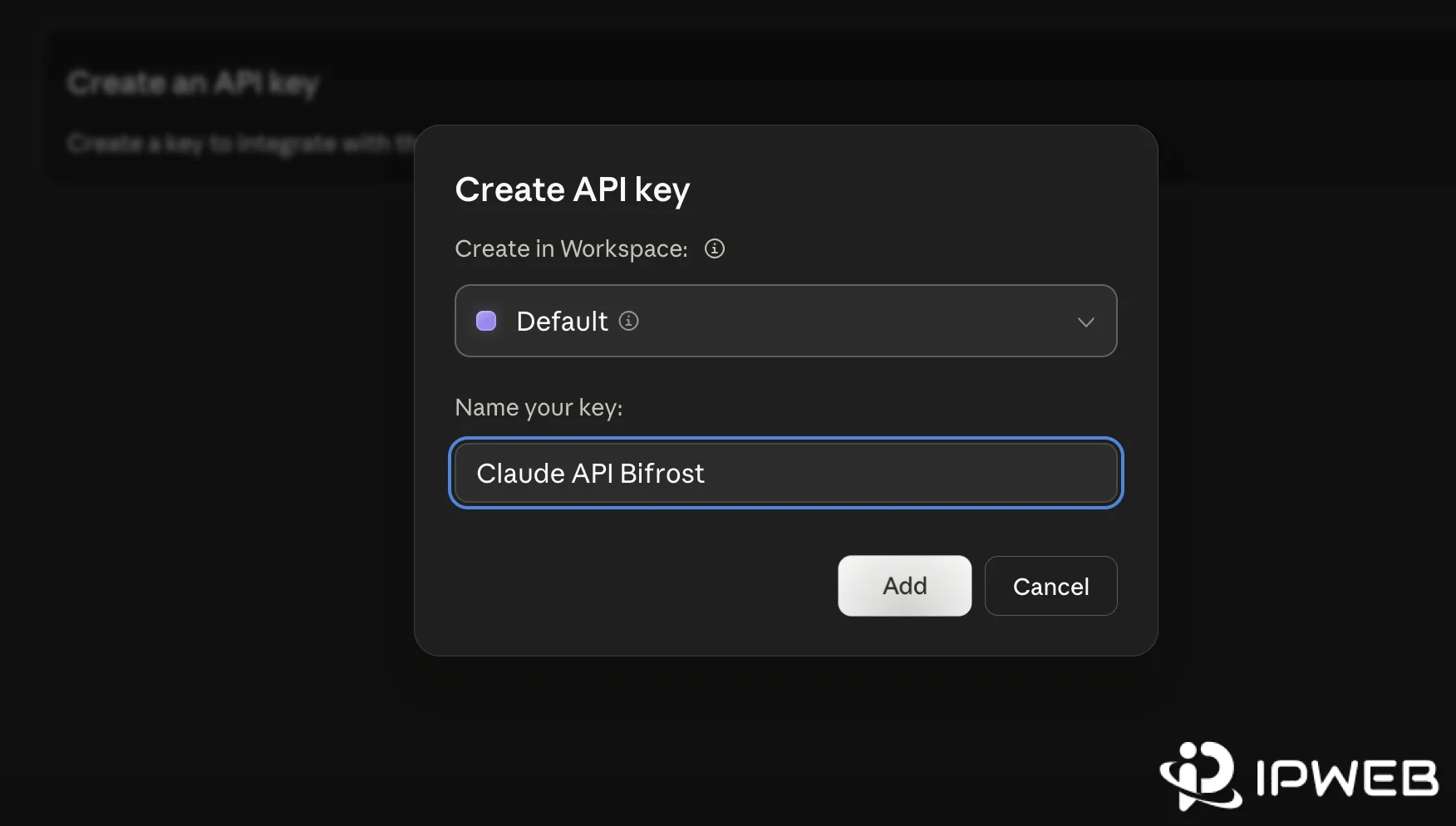 Anthropic Console Create API key dialog with a workspace selector and key name field
