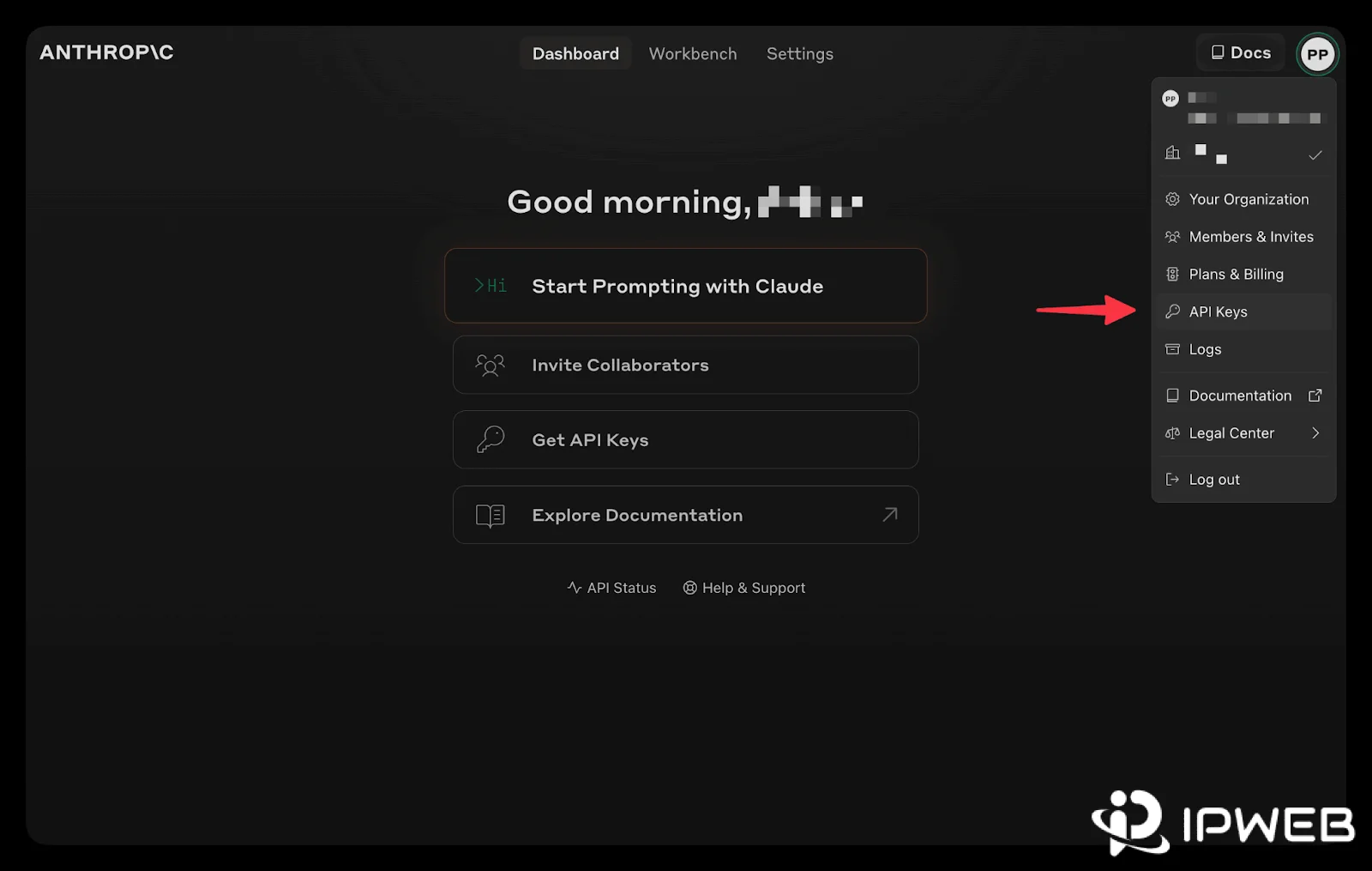 Anthropic Console dashboard with the API Keys menu highlighted