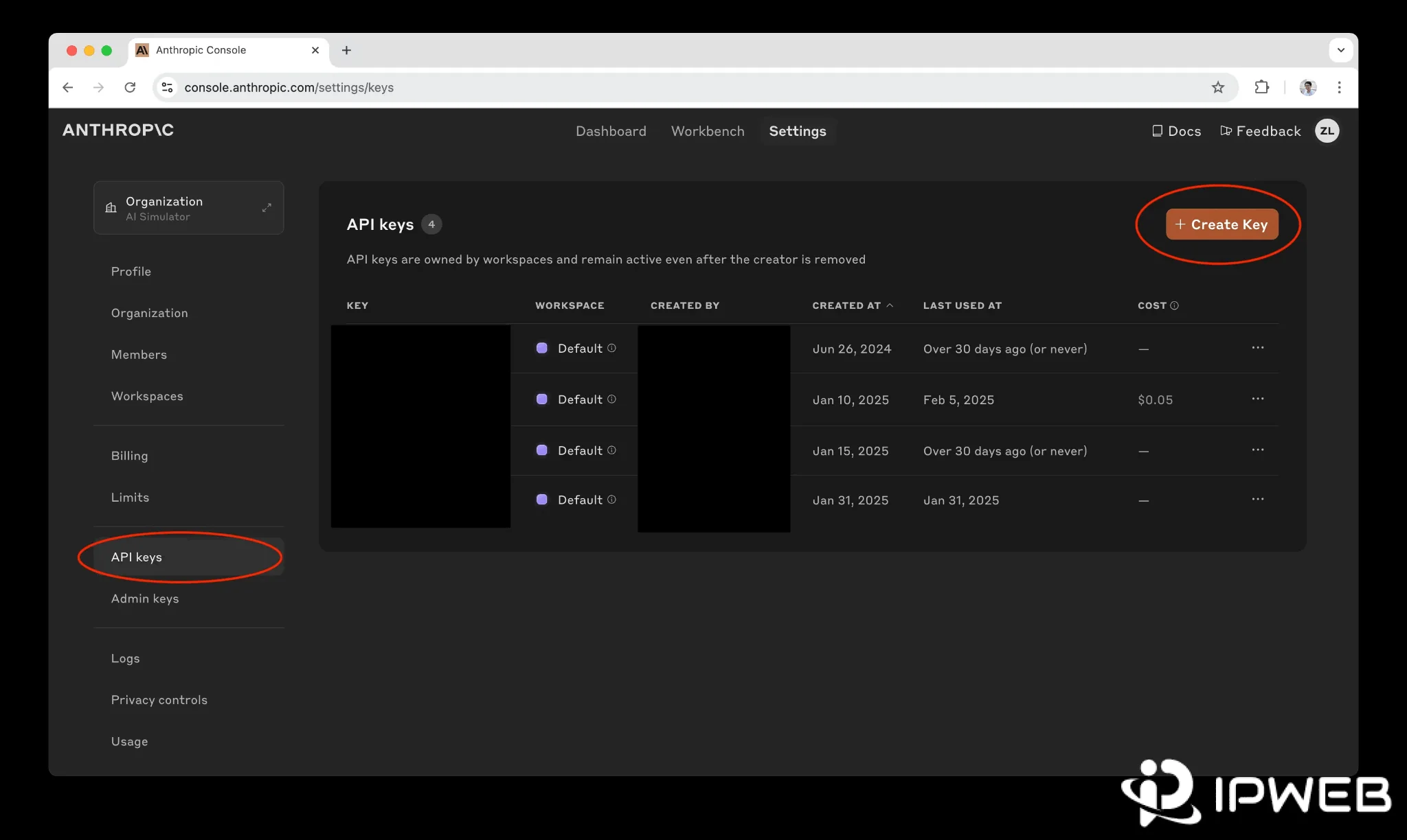 Anthropic Console API Keys page showing API keys grouped by workspace