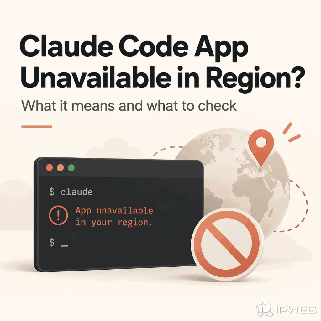 Claude Code App unavailable in region troubleshooting guide with terminal region error, globe, and location restriction symbols