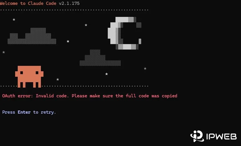 Claude Code terminal showing OAuth error Invalid code and prompting the user to retry
