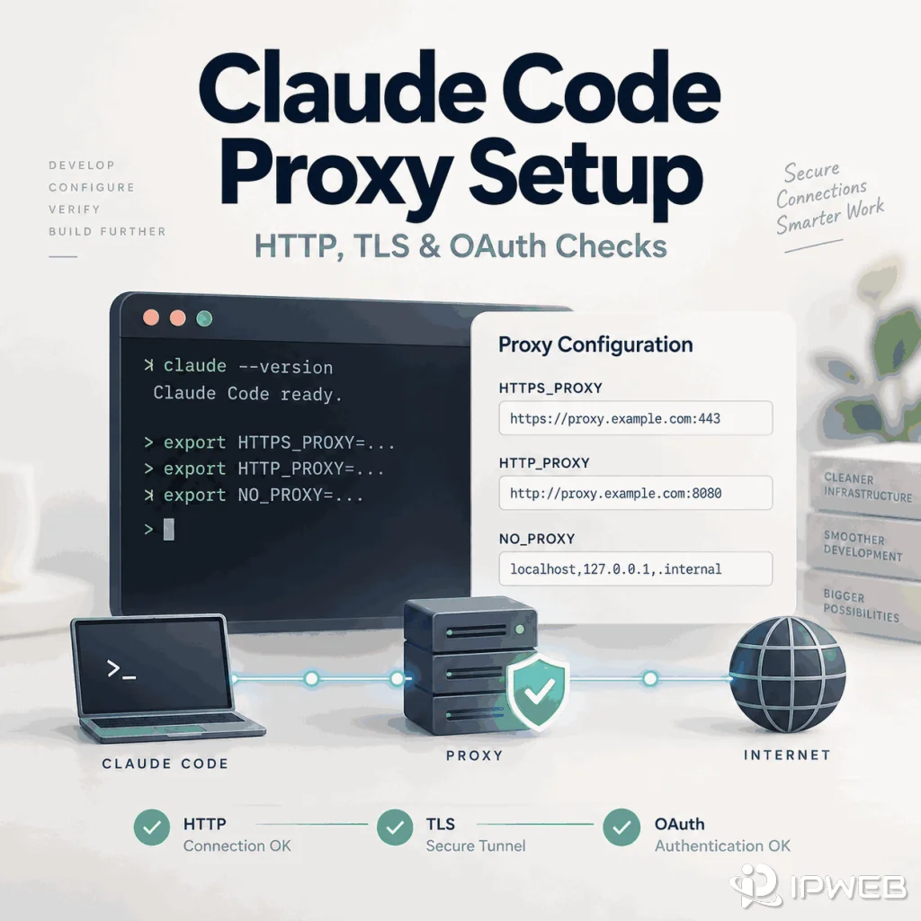 Claude Code Proxy Setup guide showing HTTPS_PROXY, HTTP_PROXY, NO_PROXY, TLS, OAuth, and a secure proxy connection workflow