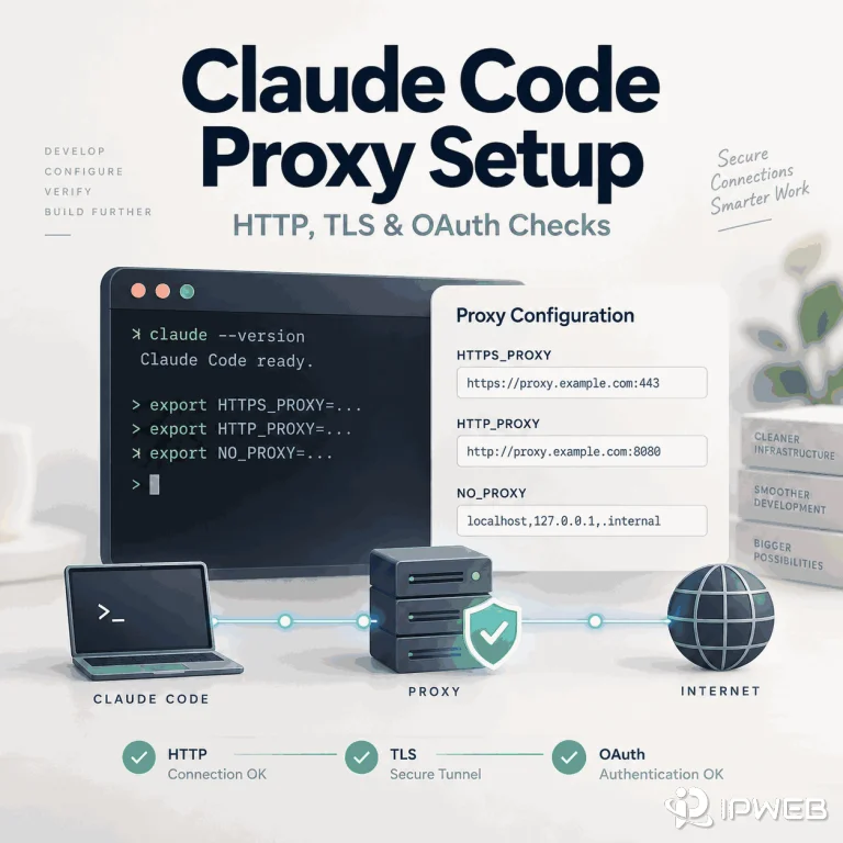 Claude Code Proxy Setup guide showing HTTPS_PROXY, HTTP_PROXY, NO_PROXY, TLS, OAuth, and a secure proxy connection workflow