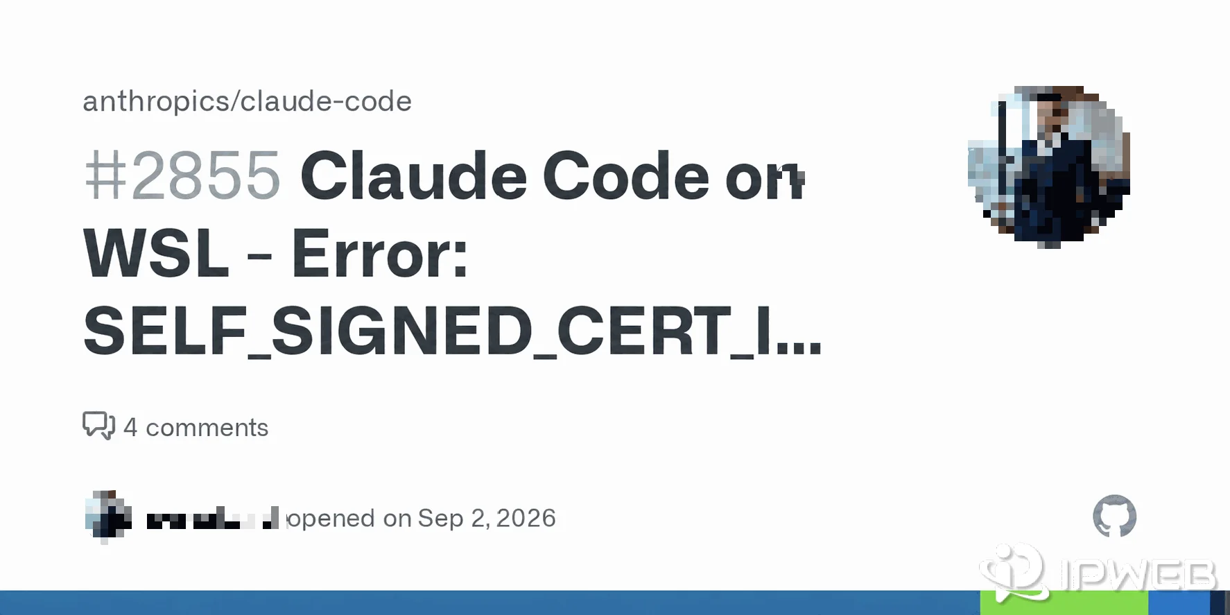 Anthropic Claude Code GitHub issue reporting a self signed certificate error on WSL