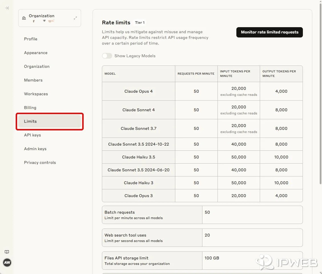 Claude Console Rate limits page showing requests per minute, input tokens per minute, and output tokens per minute