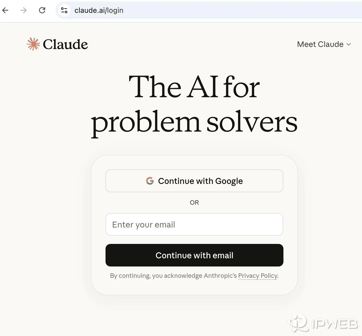 Claude login page with Continue with Google and email sign-in options