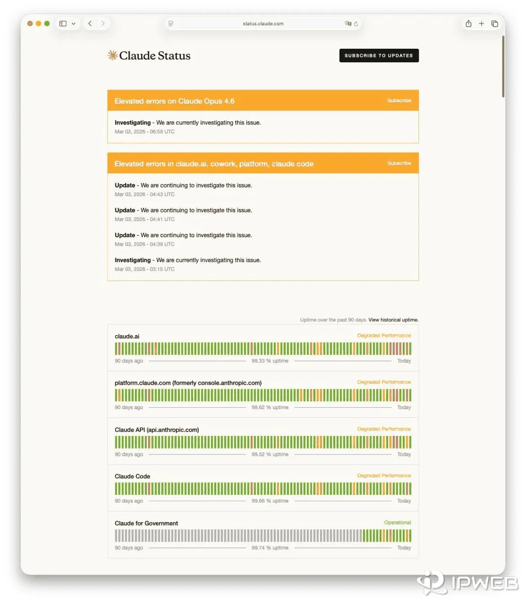 Claude Status page showing incidents and uptime for claude.ai, Claude API, and Claude Code