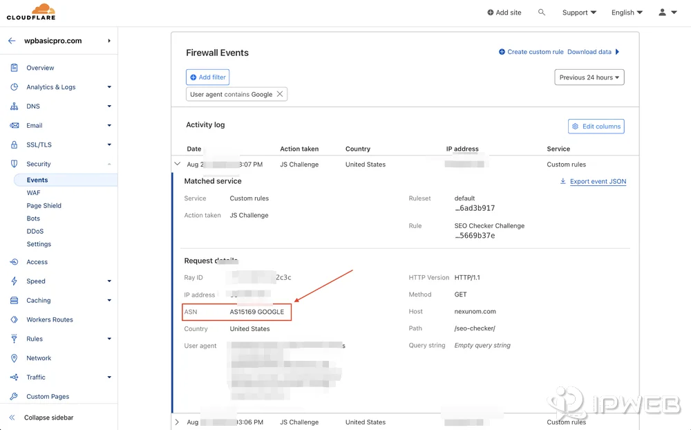 Cloudflare Firewall Events showing a Google Inspection Tool request from AS15169 Google receiving a JS Challenge