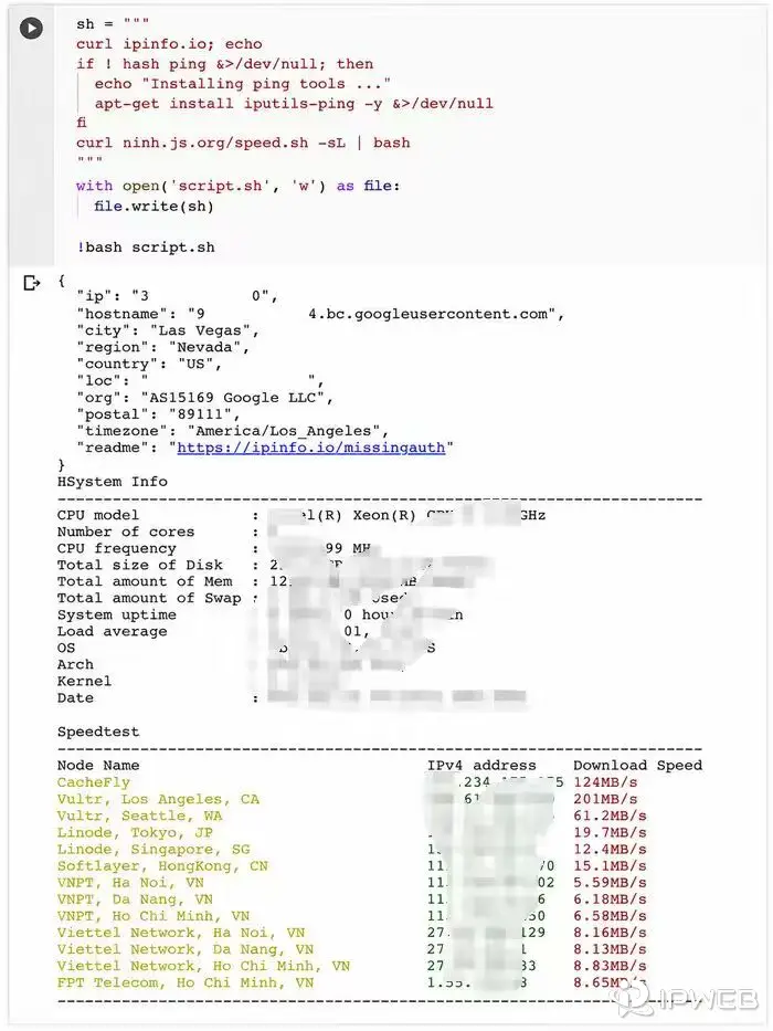 Google Colab output from ipinfo.io showing the hosted runtime city region country and network organization