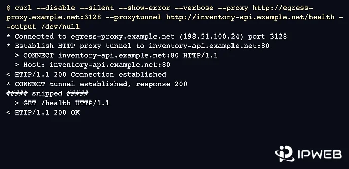 Node.js HTTP proxy curl output showing a successful HTTPS CONNECT tunnel