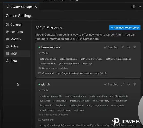 Cursor MCP Servers settings showing enabled local MCP integrations