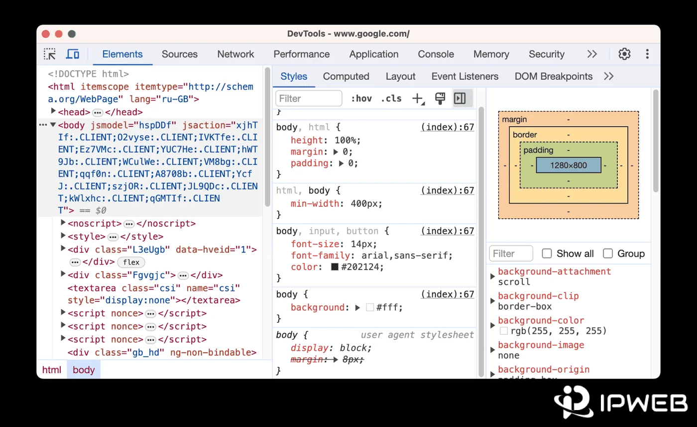 Chrome DevTools on Mac showing HTML structure, CSS styles, and the box model for a selected page element