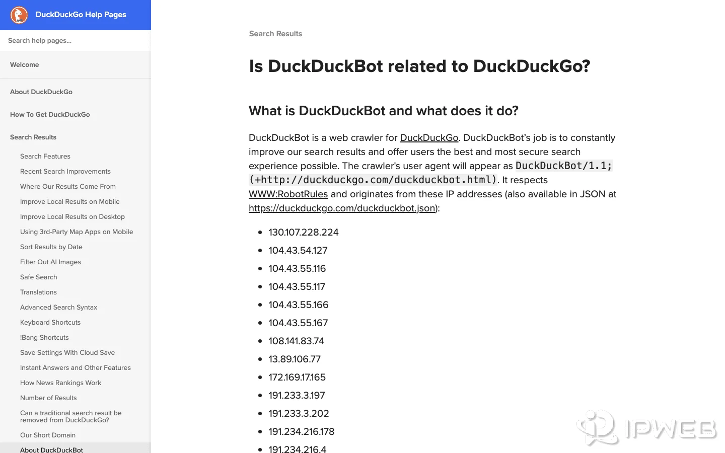 DuckDuckGo Help Pages showing DuckDuckBot crawler information