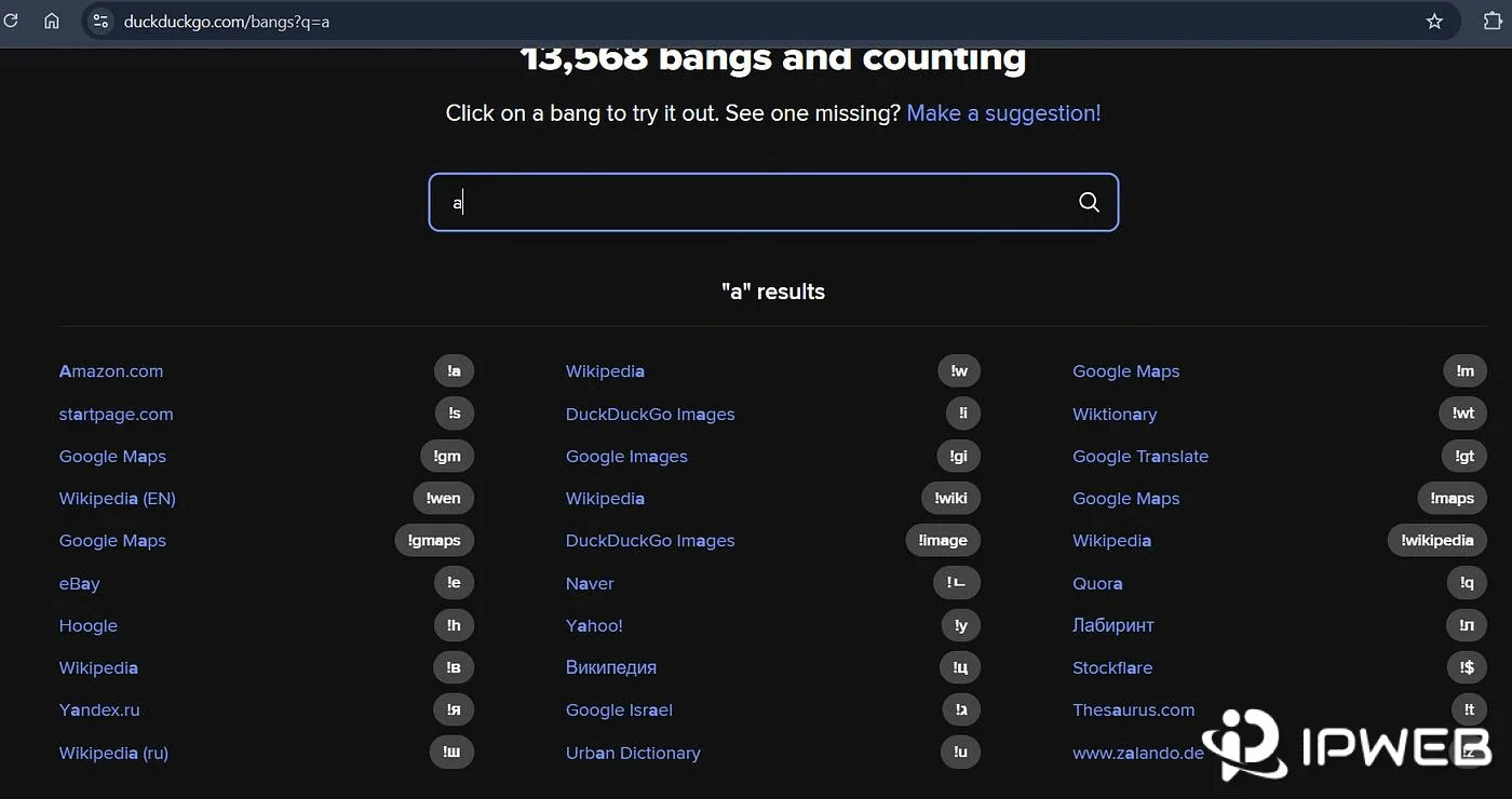 DuckDuckGo Bangs directory showing thousands of website search shortcuts