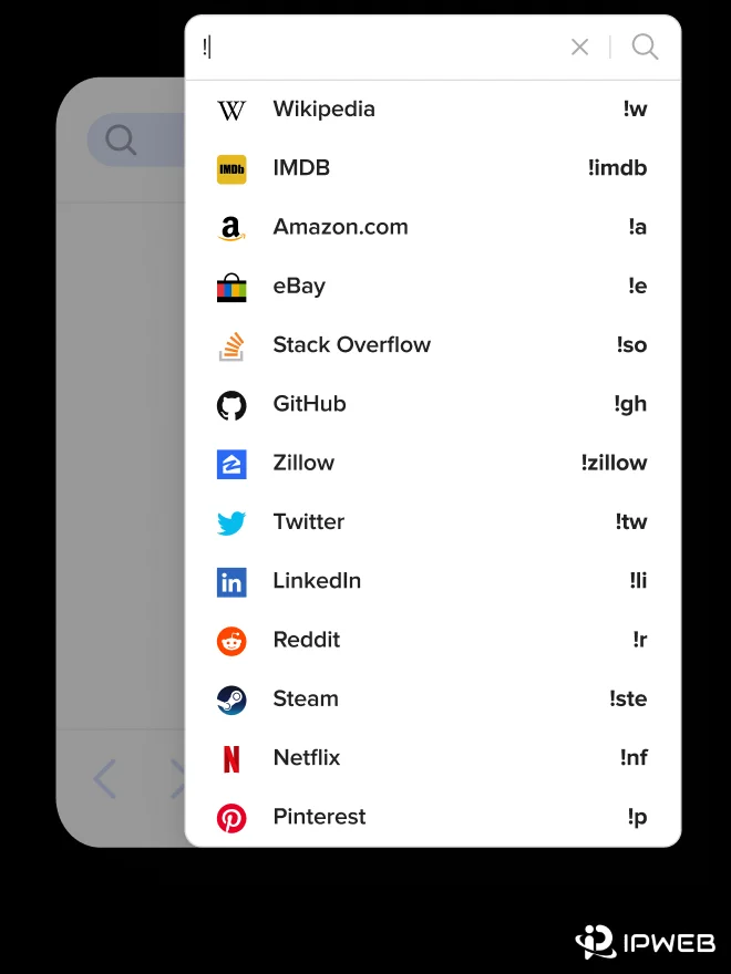 DuckDuckGo Bang shortcuts list for third-party website searches